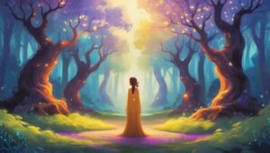 A person standing at a crossroads in a mystical forest, with two glowing paths diverging ahead, soft ethereal lighting, contemplative mood, digital art style