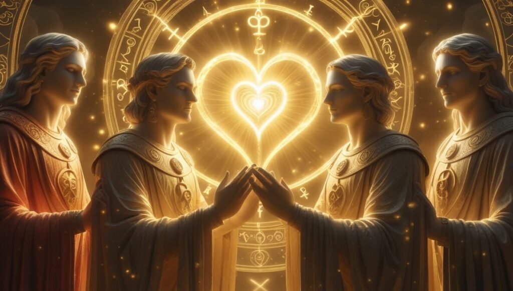 Five symbolic figures representing different archetypes standing in a circle around a glowing heart symbol, mystical atmosphere, golden light, tarot card aesthetic