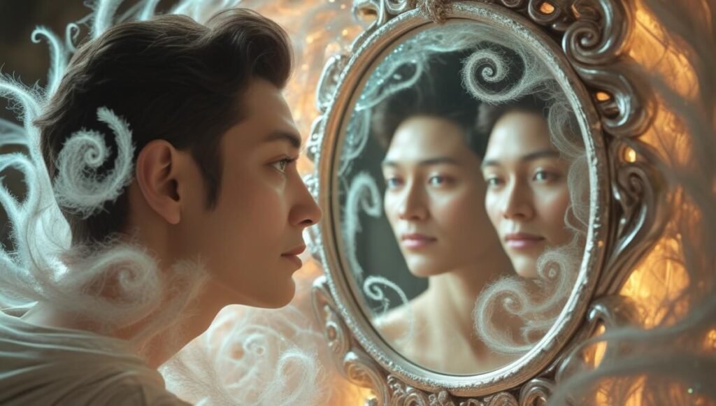 A person looking into a mystical mirror that shows multiple reflections representing different aspects of self, surrounded by flowing energy patterns, ethereal lighting
