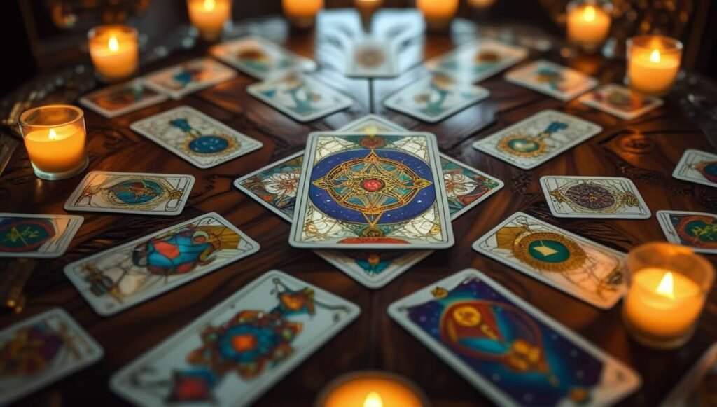 Tarot cards arranged in a sacred geometric pattern on a wooden table, soft candlelight, mystical atmosphere, close-up view showing symbolic imagery